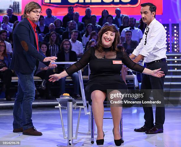 Corrado Nuzzo, Maria Di Biase and Nicola Savino attend "Quelli Che Il Calcio" Italian TV Show on October 20, 2013 in Milan, Italy.