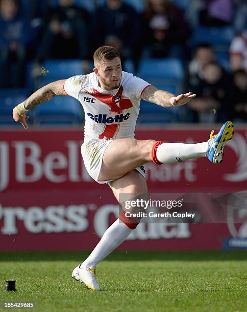 Zak Hardaker of England Knights during the International match between England Knights and Samoa at Salford City Stadium on October 19, 2013 in...
