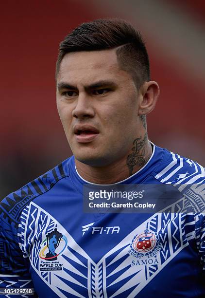 Daniel Vidot of Samoa during the International match between England Knights and Samoa at Salford City Stadium on October 19, 2013 in Salford,...