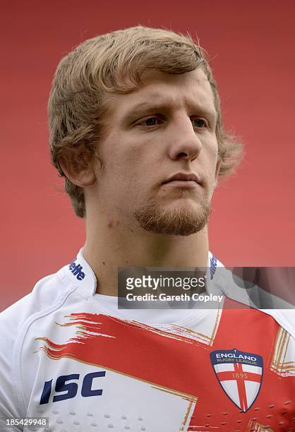 Logan Tomkins of England Knights ahead of the International match between England Knights and Samoa at Salford City Stadium on October 19, 2013 in...