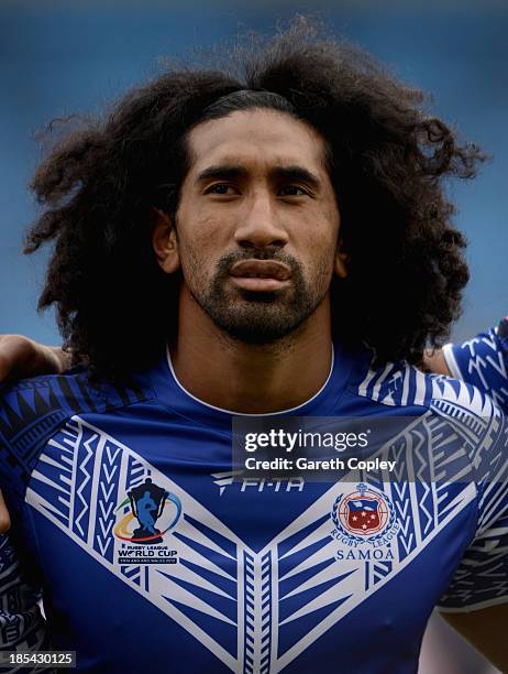 Iosia Soliola of Samoa ahead of the International match between England Knights and Samoa at Salford City Stadium on October 19, 2013 in Salford,...