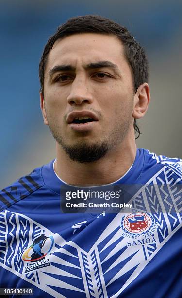 Harrison Hansen of Samoa ahead of the International match between England Knights and Samoa at Salford City Stadium on October 19, 2013 in Salford,...