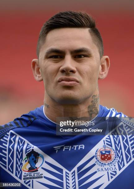 Daniel Vidot of Samoa ahead of the International match between England Knights and Samoa at Salford City Stadium on October 19, 2013 in Salford,...