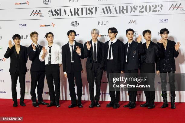 Eric, Kevin, Sangyeon, Juyeon, Younghoon, Hyunjae, Q, Jacob and N of boy group The Boyz attend the 2023 Asia Artist Awards at the Philippine Arena on...