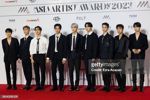 Eric, Kevin, Sangyeon, Juyeon, Younghoon, Hyunjae, Q, Jacob and N of boy group The Boyz attend the 2023 Asia Artist Awards at the Philippine Arena on...