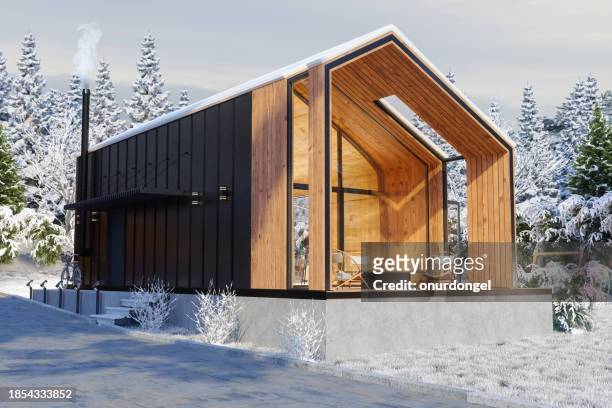 außenseite des hölzernen winzigen hauses mit verschneitem garten und schneebedeckten bäumen - village home indoor stock-fotos und bilder