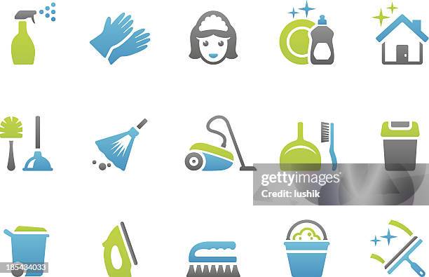 illustrazioni stock, clip art, cartoni animati e icone di tendenza di stampico icone di pulizia - strofinare lavare