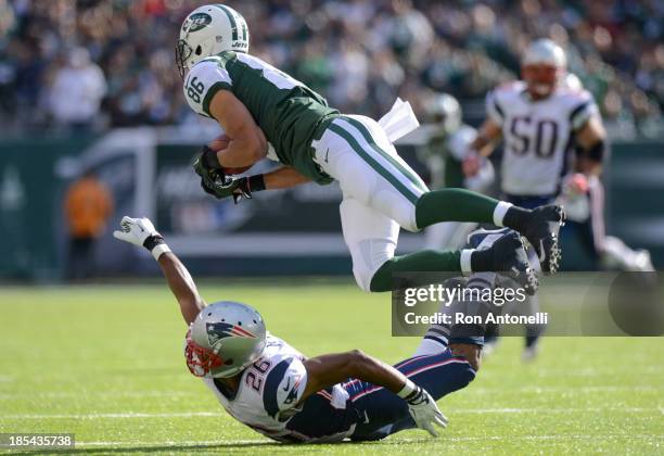 Wide receiver David Nelson of the New York Jets makes a diving catch over defensive back Marquice Cole of the New England Patriots in the 3rd quarter...