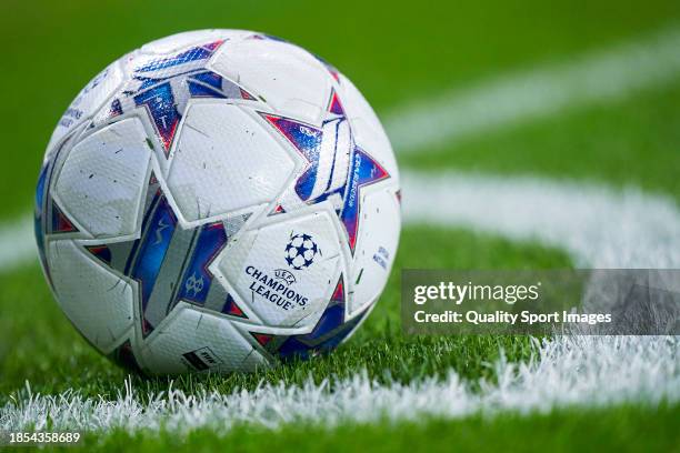 The official UEFA Champions League match ball is seen prior to the UEFA Champions League match between FC Porto and FC Shakhtar Donetsk at Estadio do...