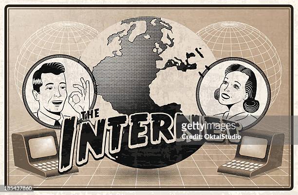 vintage depiction of the internet - old fashioned computer stock illustrations