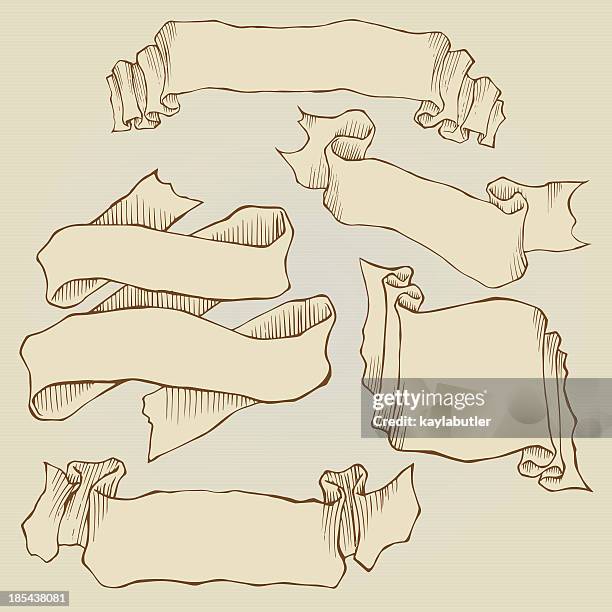 hand drawn ribbon set - paper-scroll-sketch stock illustrations