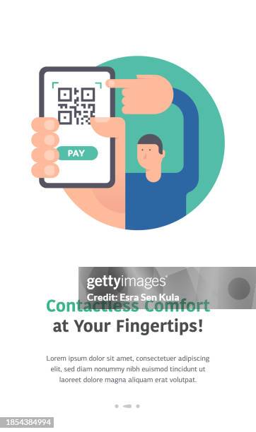 landing page design with illustration of a man hand holding a mobile phone with a qr code for contactless payment on the screen. - mobile landing page stock illustrations