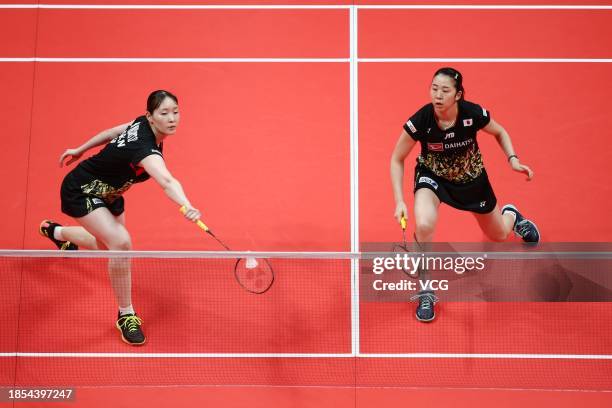 Mayu Matsumoto and Wakana Nagahara of Japan compete in the Women's Doubles Round Robin match against Liu Shengshu and Tan Ning of China on day two of...