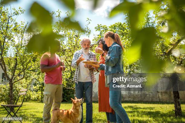 smiling senior friends enjoying backyard picnic - buren stockfoto's en -beelden