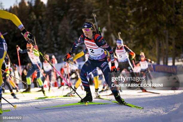 France's Justine Braisaz-Bouchet competes in the Women's 12,5 km Mass Start competition during the IBU Biathlon World Cup in Lenzerheide,...