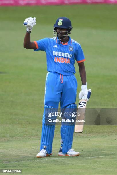 Sam Sudharsan of India celebrates his 50 runs during the 1st One Day International match between South Africa and India at DP World Wanderers Stadium...