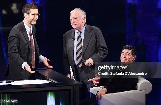 Fabio Fazio, Gianni Mina and Diego Armando Maradona attend 'Che Tempo Che Fa' TV Show on October 20, 2013 in Milan, Italy.