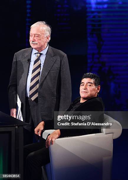 Gianni Mina and Diego Armando Maradona attend 'Che Tempo Che Fa' TV Show on October 20, 2013 in Milan, Italy.