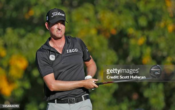 Webb Simpson watches his tee shot on the 16th hole during the final round of the Shriners Hospitals for Children Open at TPC Summerlin on October 20,...
