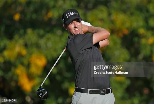 Webb Simpson watches his tee shot on the 16th hole during the final round of the Shriners Hospitals for Children Open at TPC Summerlin on October 20,...