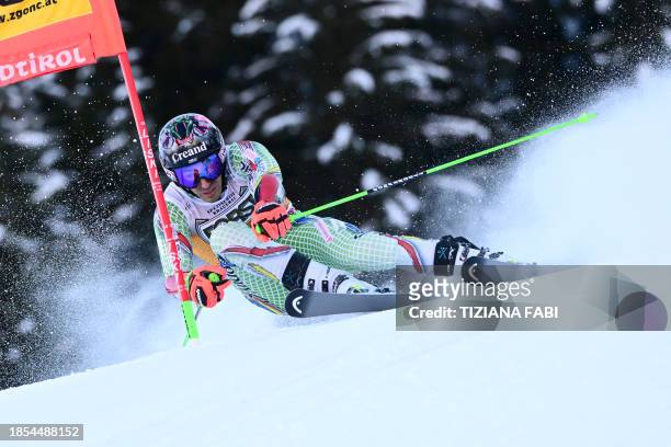 Andorra's Joan Verdu competes in the first run of the men's Giant Slalom, during the FIS Alpine Ski World Cup in Alta Badia on December 17, 2023.