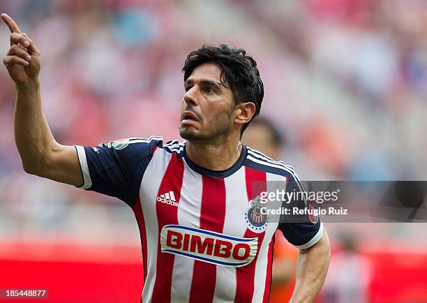 Rafael Marquez of Chivas celebrates his goal during the match between Chivas and Pachuca as part of the Apertura 2013 Liga MX at Omnilfe Stadium on...