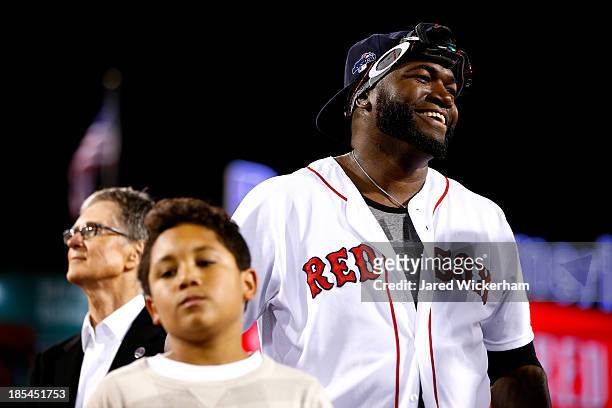 David Ortiz of the Boston Red Sox celebrates after defeating the Detroit Tigers in Game Six of the American League Championship Series at Fenway Park...