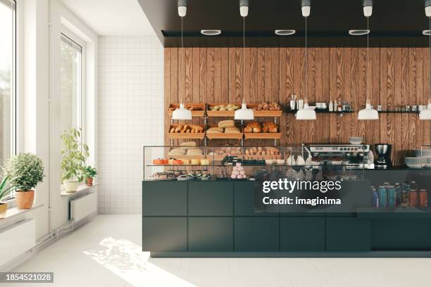 modern bakery cafe - bakery shelves stock pictures, royalty-free photos & images