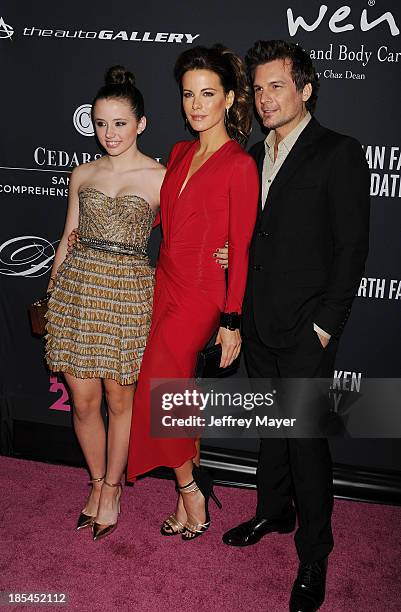 Lily Mo Sheen, actress/mother Kate Beckinsale and director Len Wiseman attend The Pink Party 2013 at Barker Hangar on October 19, 2013 in Santa...