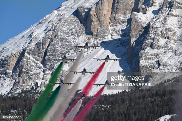 Italian Air Force's aerobatic demonstration team Frecce Tricolori performs before the second run of the men's Giant Slalom, during the FIS Alpine Ski...