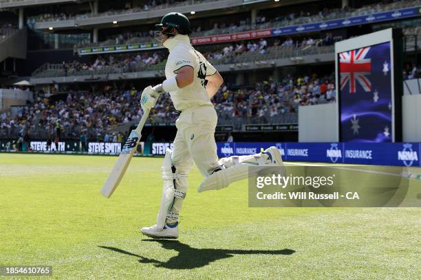 Steve Smith of Australia wbatduring day one of the Men's First Test match between Australia and Pakistan at Optus Stadium on December 14, 2023 in...