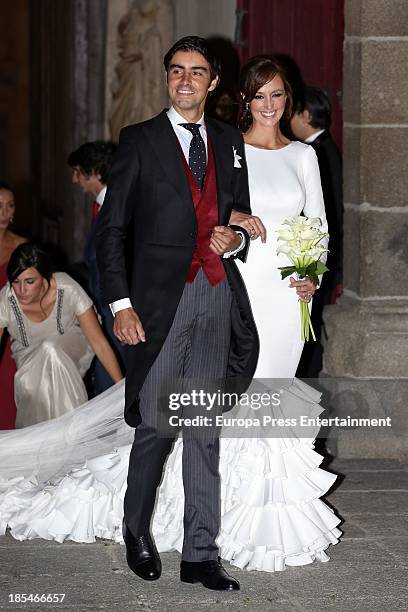 Miguel Angel Perera and Veronica Gutierrez attend their wedding at Old Cathedral on October 19, 2013 in Salamanca, Spain.