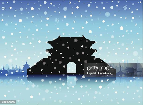 snowy sungnyemun (namdaemun-tor), korea (gebäude sind beweglicher und komplett) - namdaemun gate stock-grafiken, -clipart, -cartoons und -symbole