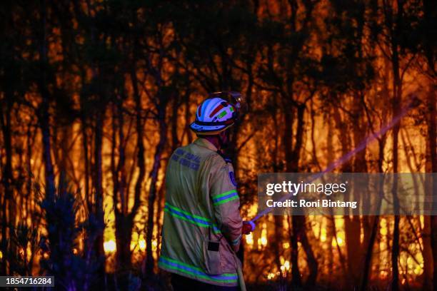 Rural Fire Service firefighter attempt to extinguish a bush fire at West Wallsend on December 14, 2023 in Newcastle, Australia. Several fast-moving...