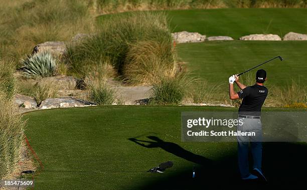 Webb Simpson watches his tee shot on the 17th hole during the final round of the Shriners Hospitals for Children Open at TPC Summerlin on October 20,...