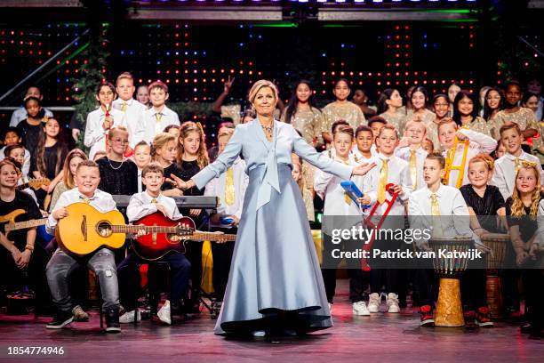 Queen Maxima of The Netherlands attends the Christmas Music Gala in Theater T Spant on December 14, 2023 in Bussum, Netherlands. The gala is an...