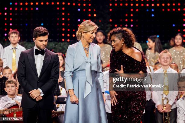 Queen Maxima of The Netherlands attends the Christmas Music Gala in Theater T Spant on December 14, 2023 in Bussum, Netherlands. The gala is an...