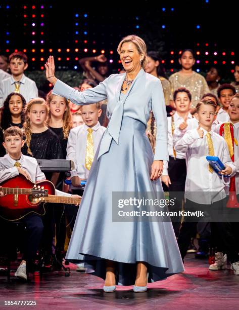 Queen Maxima of The Netherlands attends the Christmas Music Gala in Theater T Spant on December 14, 2023 in Bussum, Netherlands. The gala is an...