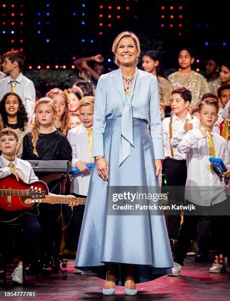 Queen Maxima of The Netherlands attends the Christmas Music Gala in Theater T Spant on December 14, 2023 in Bussum, Netherlands. The gala is an...