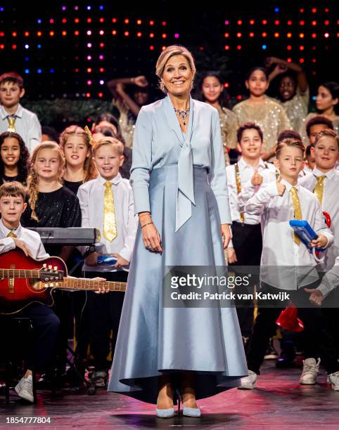 Queen Maxima of The Netherlands attends the Christmas Music Gala in Theater T Spant on December 14, 2023 in Bussum, Netherlands. The gala is an...