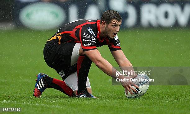 Jason Tovey of Newport lines up a kick during the Amlin Challenge Cup match between Bath and Newport Gwent Dragons at Recreation Ground on October...