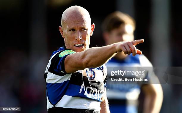 Peter Stringer of Bath gestures during the Amlin Challenge Cup match between Bath and Newport Gwent Dragons at Recreation Ground on October 19, 2013...