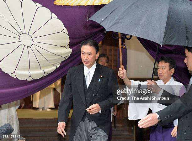 Chairman of the National Public Safety Commission and state minister in charge of Abduction Issues Keiji Furuya is seen visiting Yasukuni Shrine on...