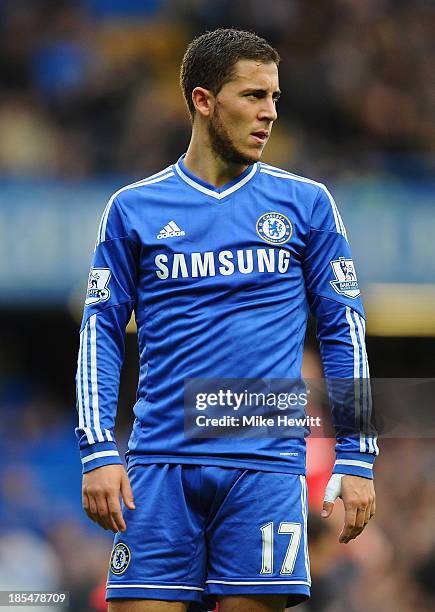 Eden Hazard of Chelsea in action during the Barclays Premier League match between Chelsea and Cardiff City at Stamford Bridge on October 19, 2013 in...