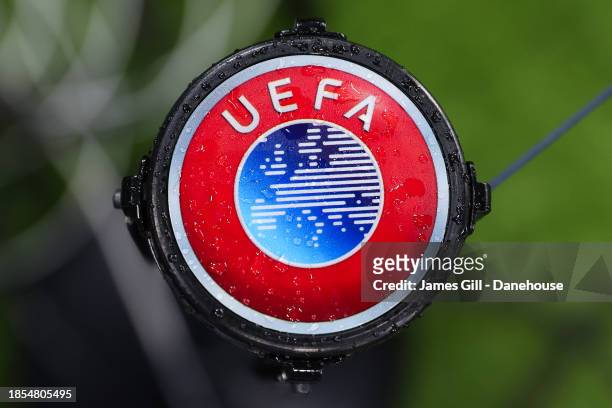 The UEFA logo is seen prior to the UEFA Champions League match between Newcastle United FC and AC Milan at St. James Park on December 13, 2023 in...