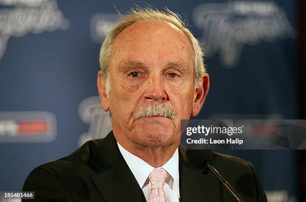 Jim Leyland speaks during a press conference to announce his retirement as manager of the Detroit Tigers at Comerica Park on October 21, 2013 in...