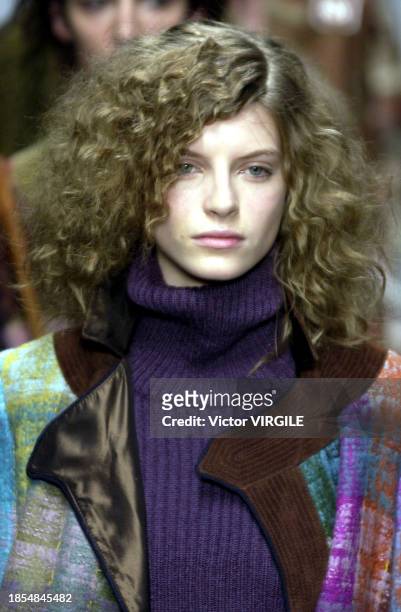 Luca Gadjus walks the runway during the Etro Ready to Wear Fall/Winter 2002-2003 fashion show as part of the Milan Fashion Week on February 28, 2002...