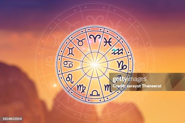 zodiac signs inside of horoscope circle. astrology in the sky with many stars and moons astrology and horoscopes concept - astrologie photos et images de collection