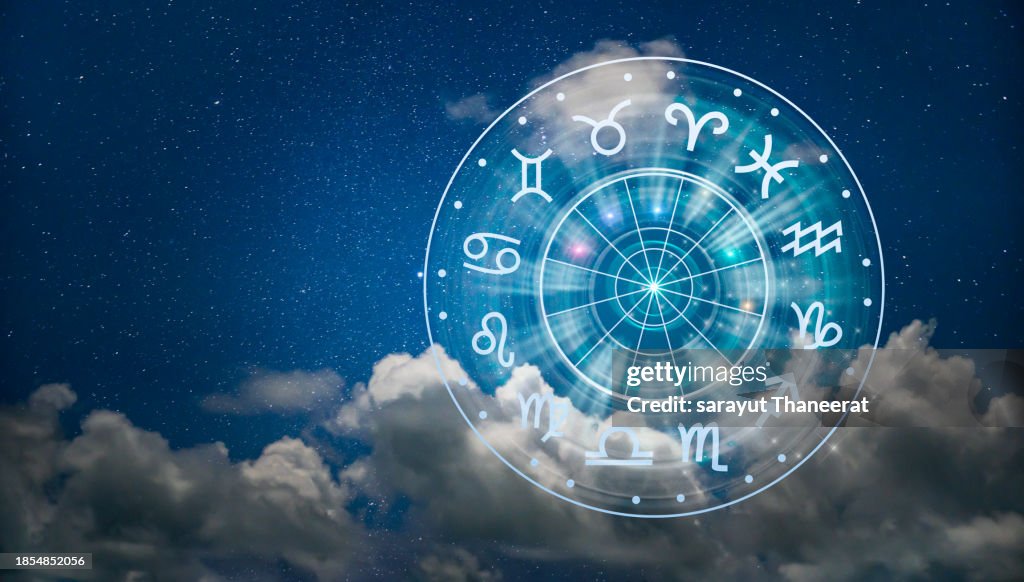 Zodiac signs inside of horoscope circle. Astrology in the sky with many stars and moons astrology and horoscopes concept