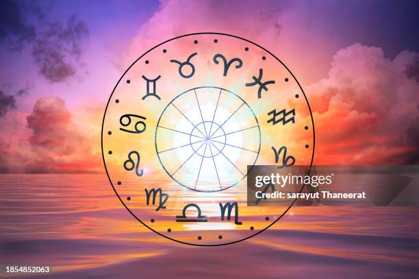 zodiac signs inside of horoscope circle. astrology in the sky with many stars and moons astrology and horoscopes concept - astrologie photos et images de collection